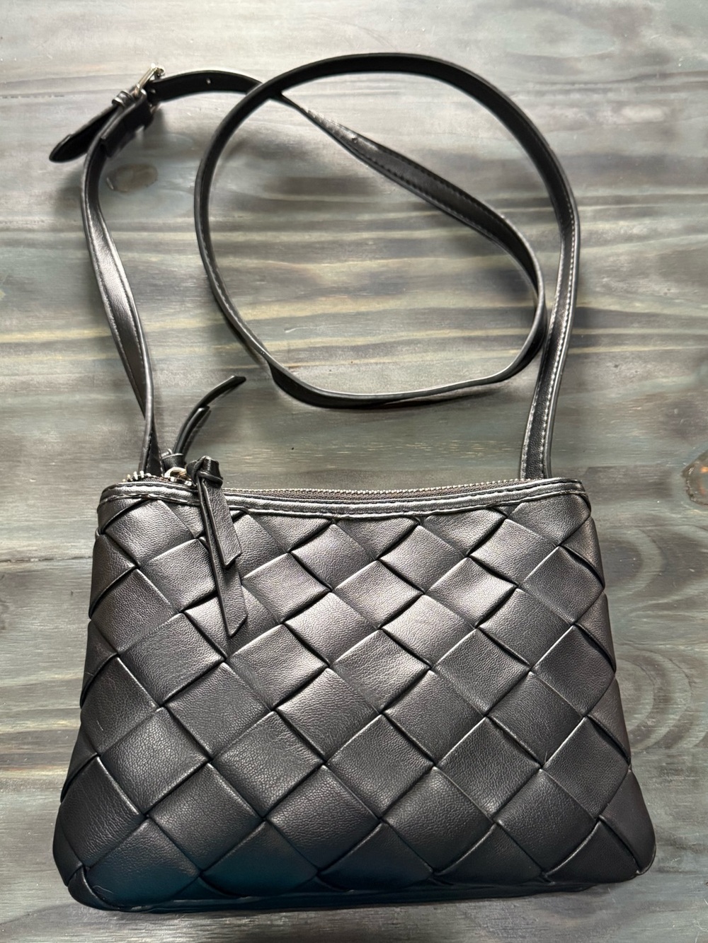 Classic Black Woven Leather Crossbody Bag